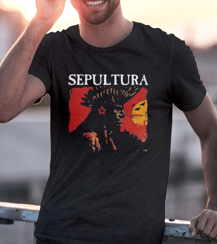 Sepultura Celebrating Life Through Death Black Sunburst And Sunset Scene T-Shirt