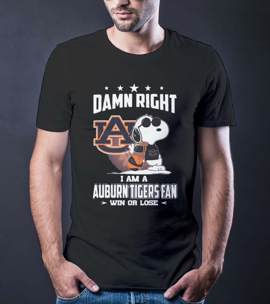 Damn Right I Am A Auburn Tigers Fan Win Or Lose Snoopy Auburn Logo T-Shirt