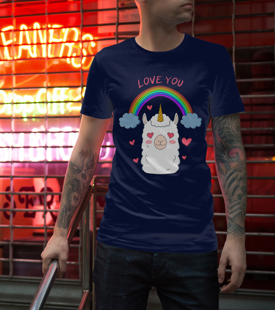 Love You Alpaca Unicorn Rainbow Cloud Hearts T-Shirt