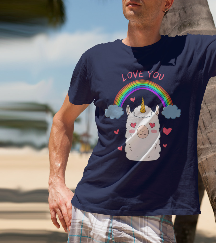 Love You Alpaca Unicorn Rainbow Cloud Hearts T-Shirt