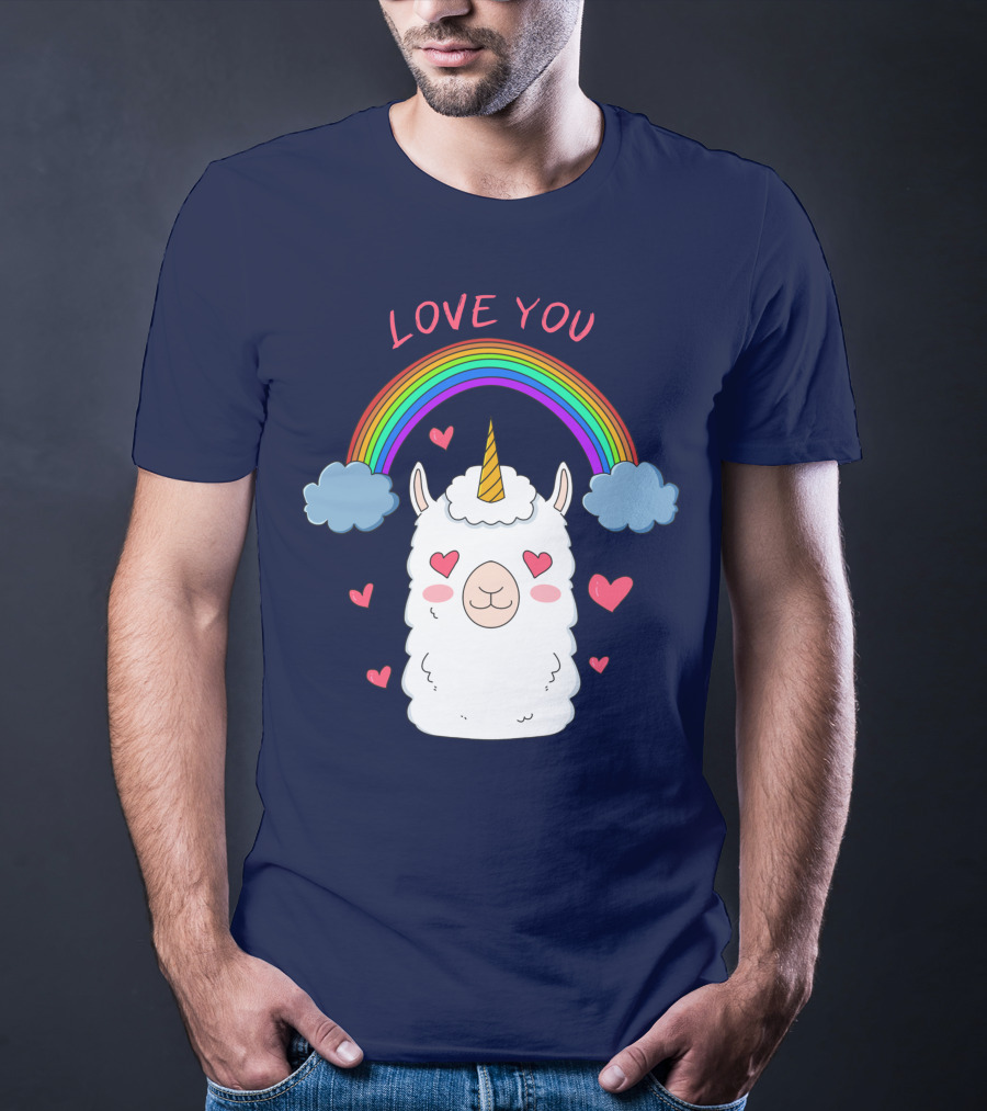 Love You Alpaca Unicorn Rainbow Cloud Hearts T-Shirt