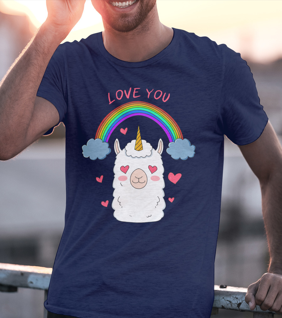 Love You Alpaca Unicorn Rainbow Cloud Hearts T-Shirt