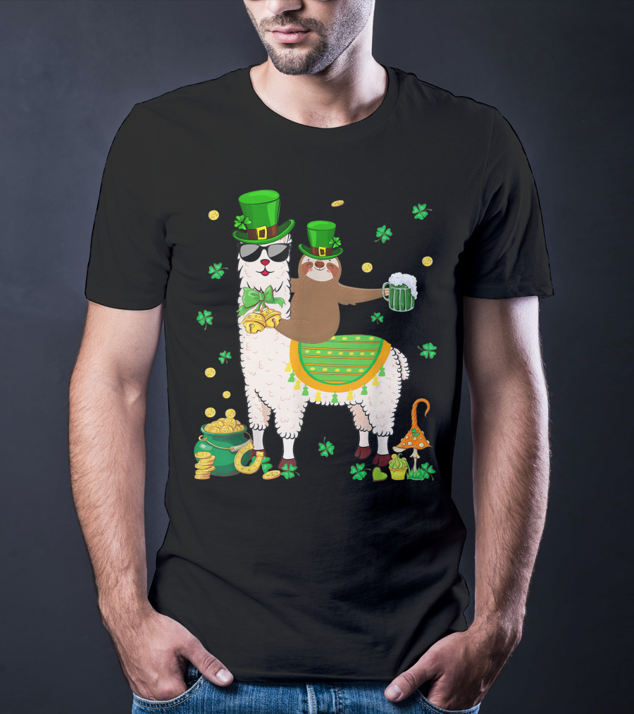 Lucky Shamrock Llama Sloth Lover Happy St Patrick's Day Coins Beer Hat T-Shirt