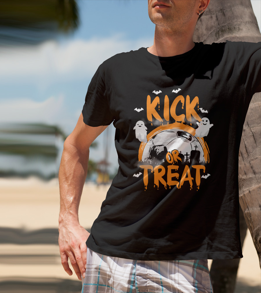 Kick Or Treat Halloween Soccer Theme Ghosts And Bats T-Shirt