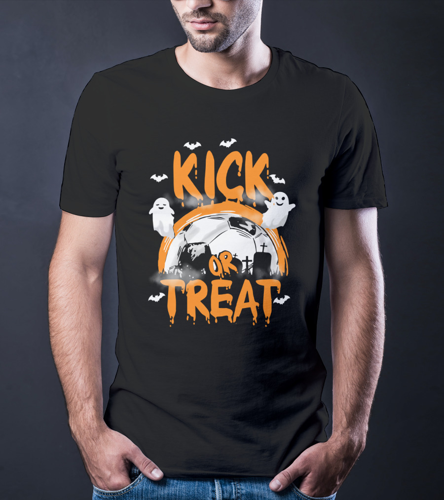 Kick Or Treat Halloween Soccer Theme Ghosts And Bats T-Shirt