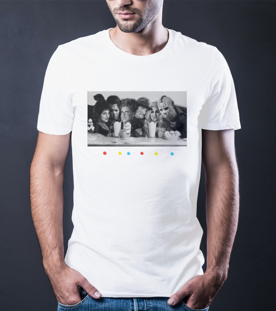 Hocus Pocus Friends Horror Icons At Diner Retro Milkshake Gathering T-Shirt