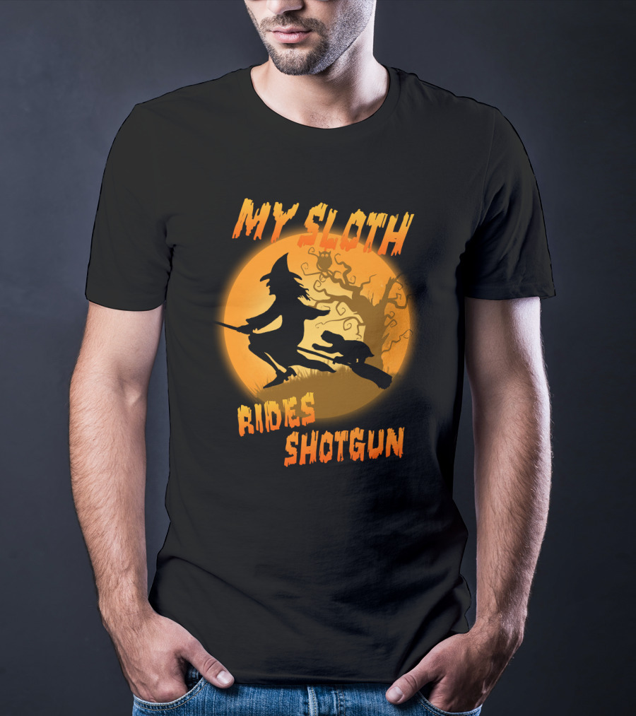 My Sloth Rides Shotgun Witch And Sloth Flying On Broomstick Full Moon T-Shirt