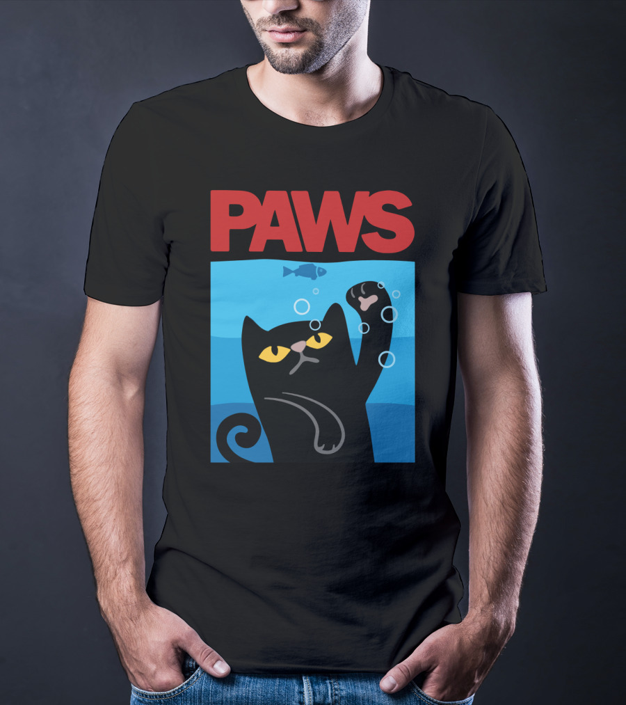 PAWS Jaws Parody Black Cat With Fish In Water T-Shirt