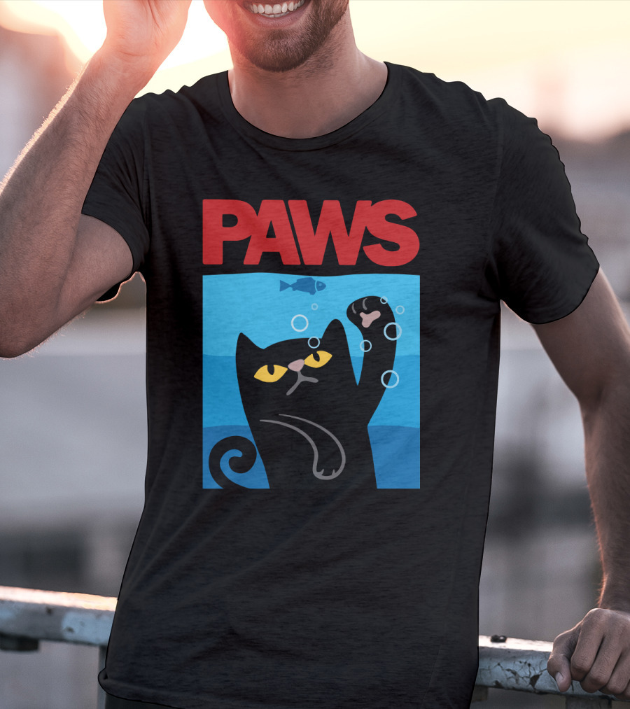 PAWS Jaws Parody Black Cat With Fish In Water T-Shirt