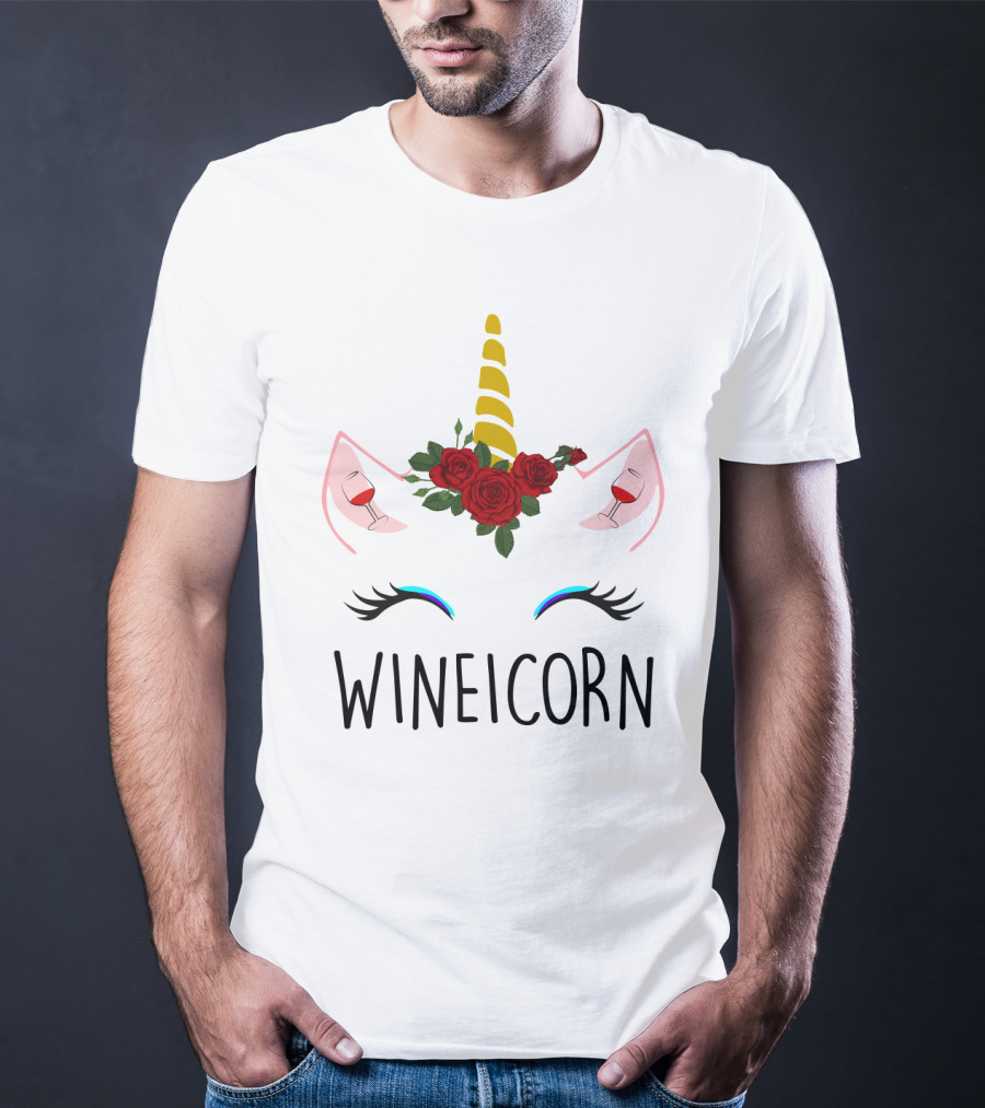 Wineicorn Unicorn With Wine Glass Rose Crown T-Shirt