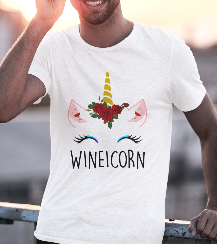 Wineicorn Unicorn With Wine Glass Rose Crown T-Shirt