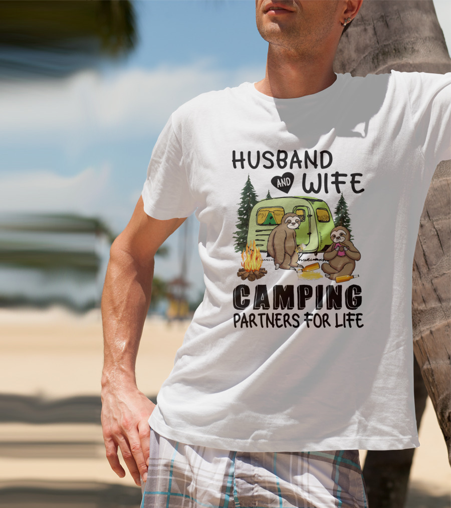 Sloth Lovers Husband And Wife Camping Partners For Life With Campfire Scene T-Shirt