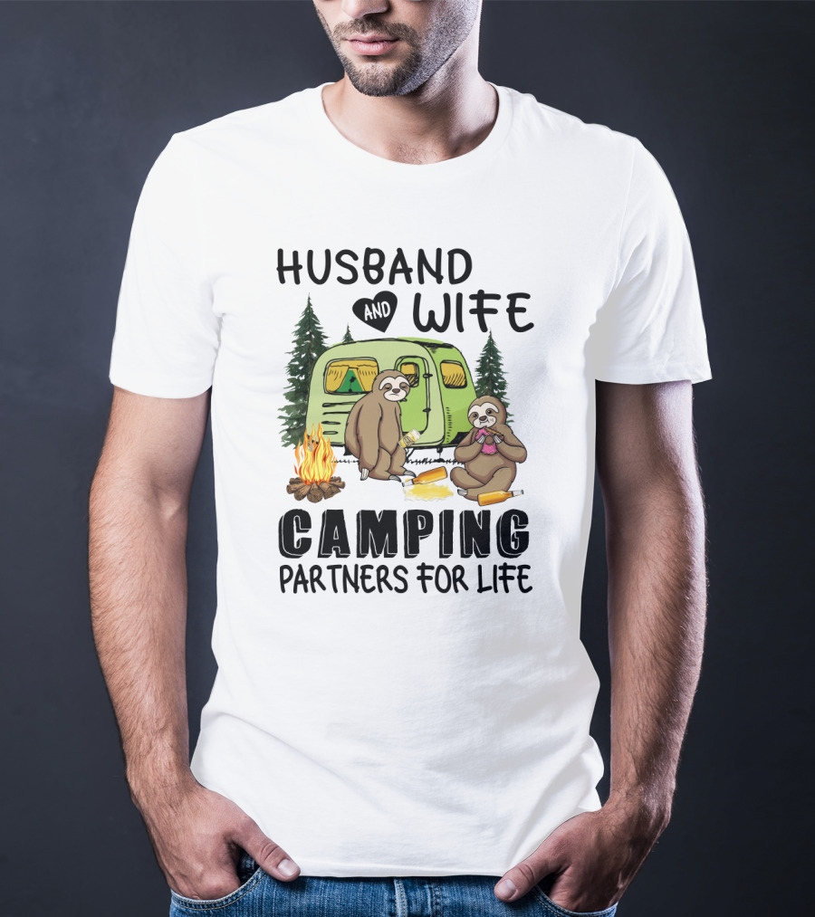 Sloth Lovers Husband And Wife Camping Partners For Life With Campfire Scene T-Shirt