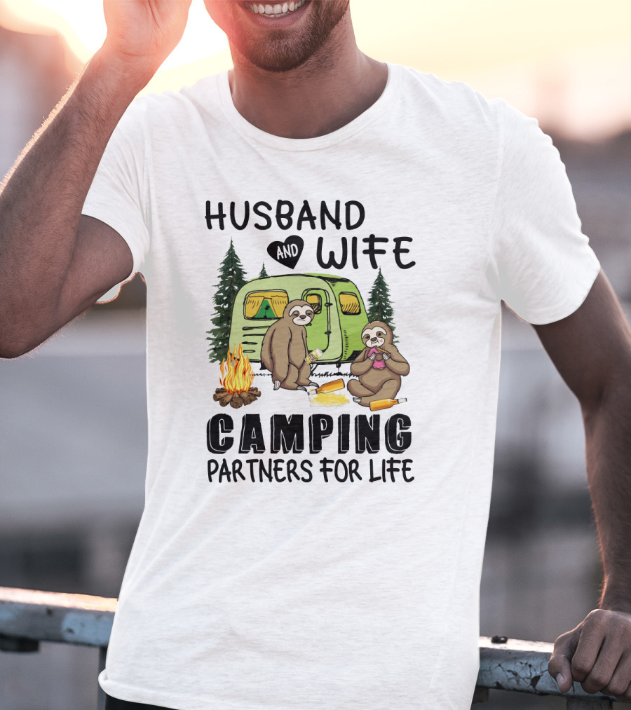 Sloth Lovers Husband And Wife Camping Partners For Life With Campfire Scene T-Shirt