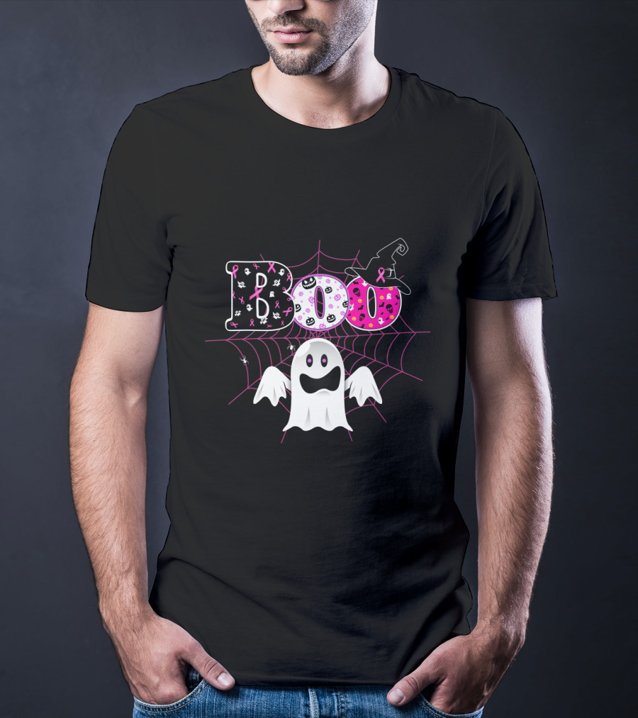 Boo Breast Cancer Awareness Halloween Ghost With Pink Ribbons And Witch Hat T-Shirt