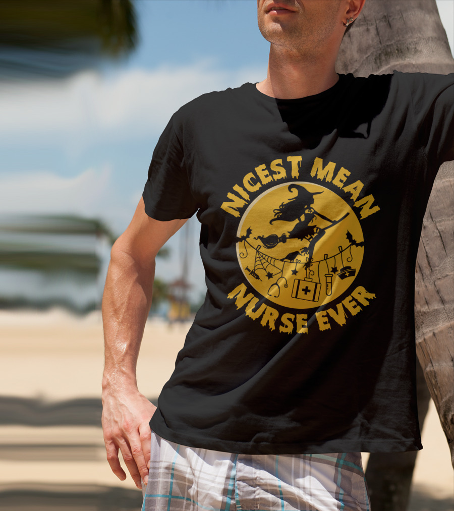 Nicest Mean Nurse Ever Witch Theme With Medical And Halloween Elements T-Shirt