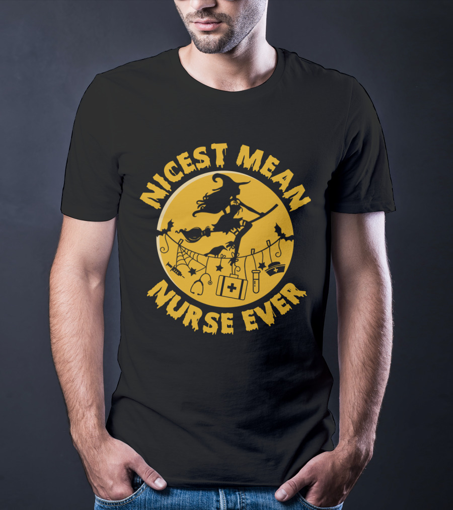 Nicest Mean Nurse Ever Witch Theme With Medical And Halloween Elements T-Shirt