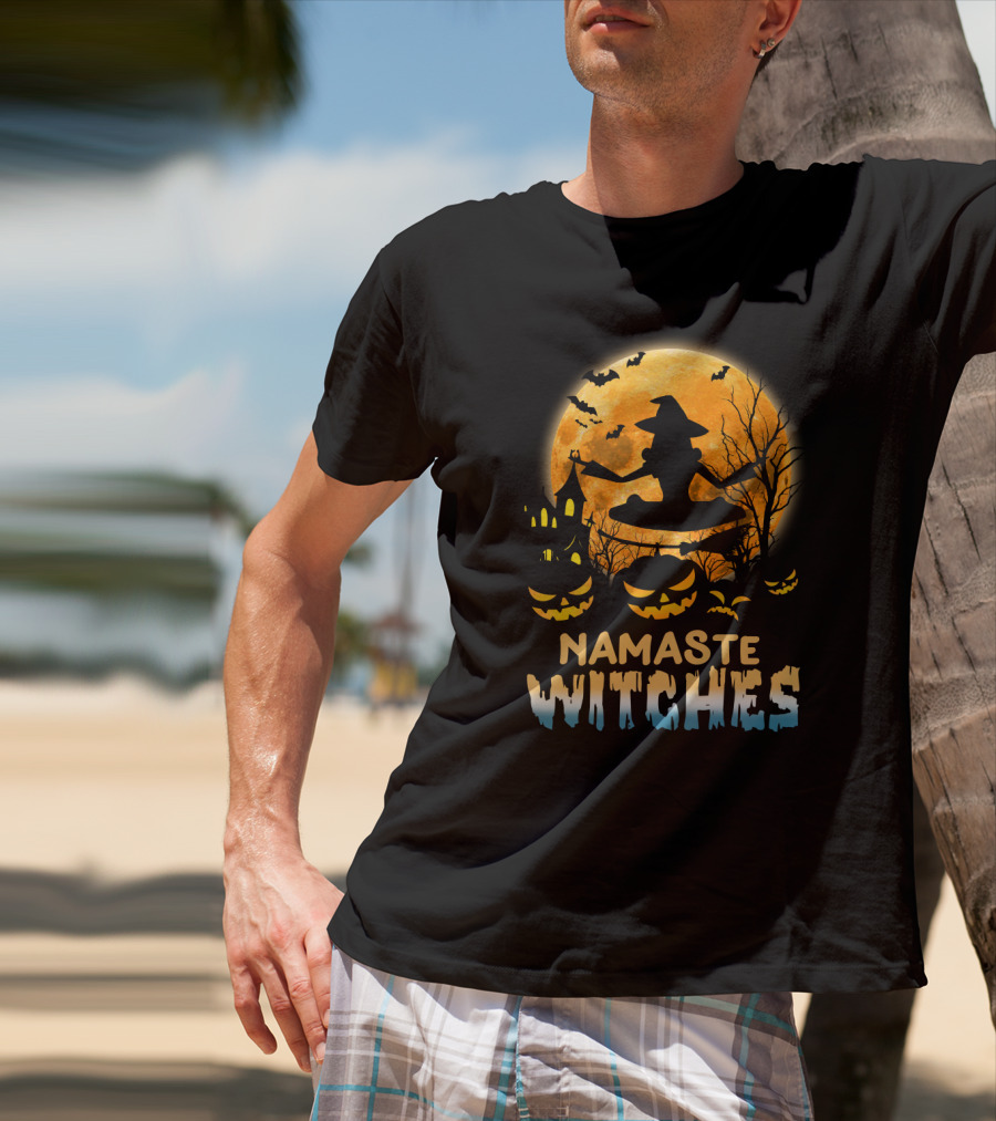 Namaste Witches Yoga Halloween Moon And Pumpkins T-Shirt