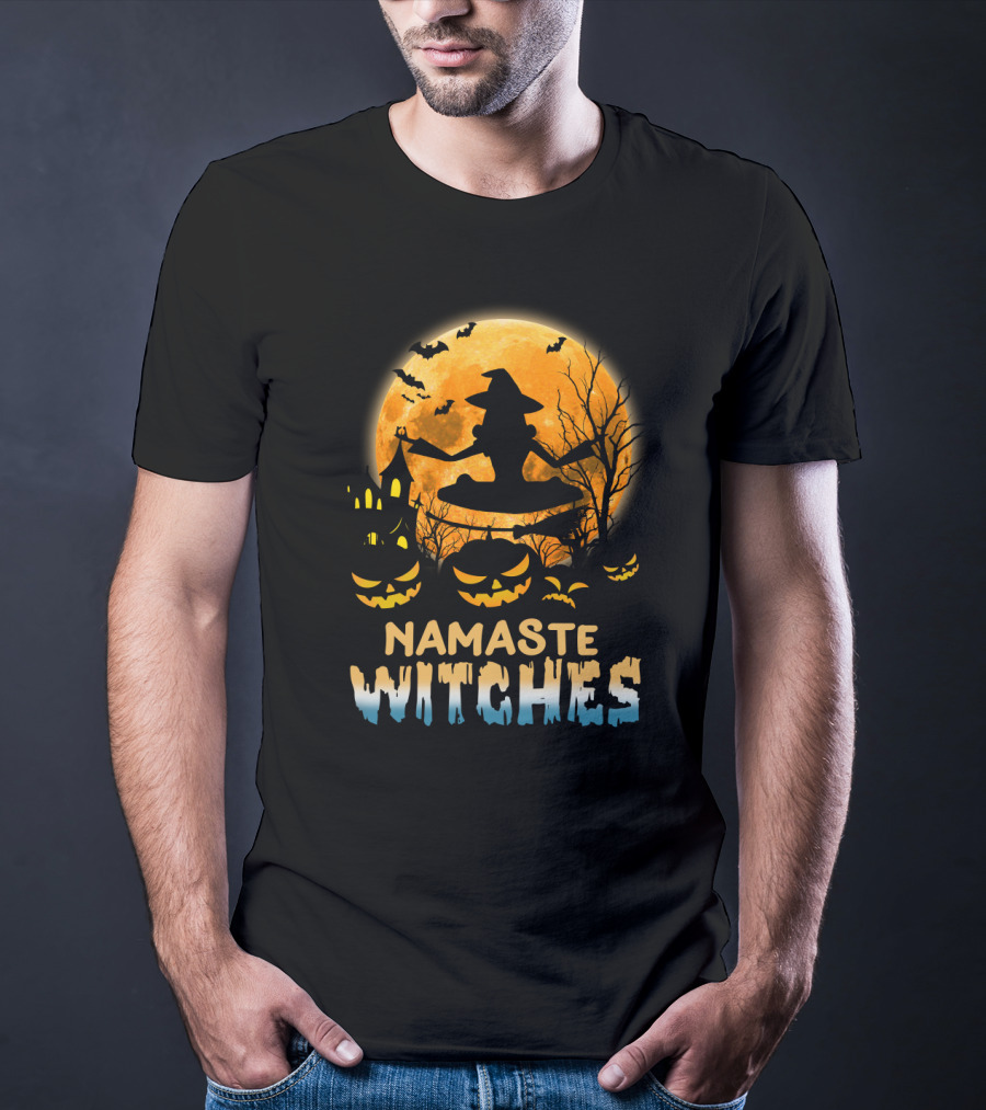 Namaste Witches Yoga Halloween Moon And Pumpkins T-Shirt