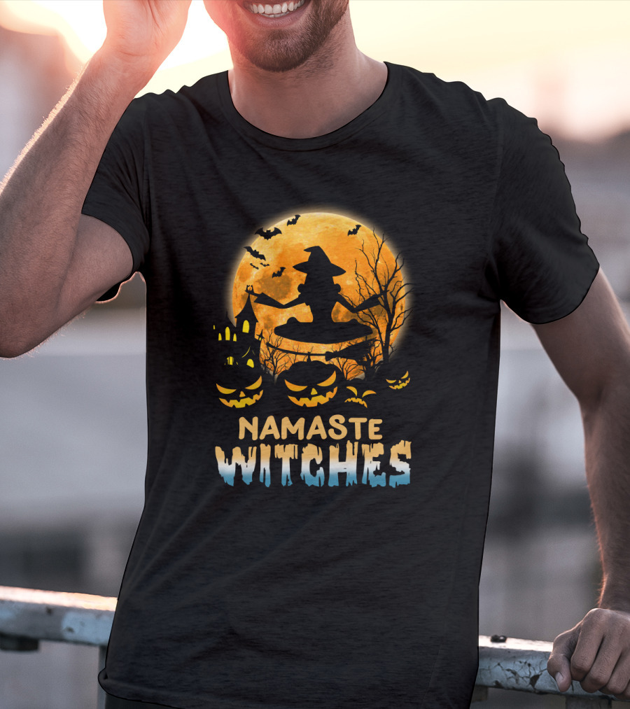Namaste Witches Yoga Halloween Moon And Pumpkins T-Shirt