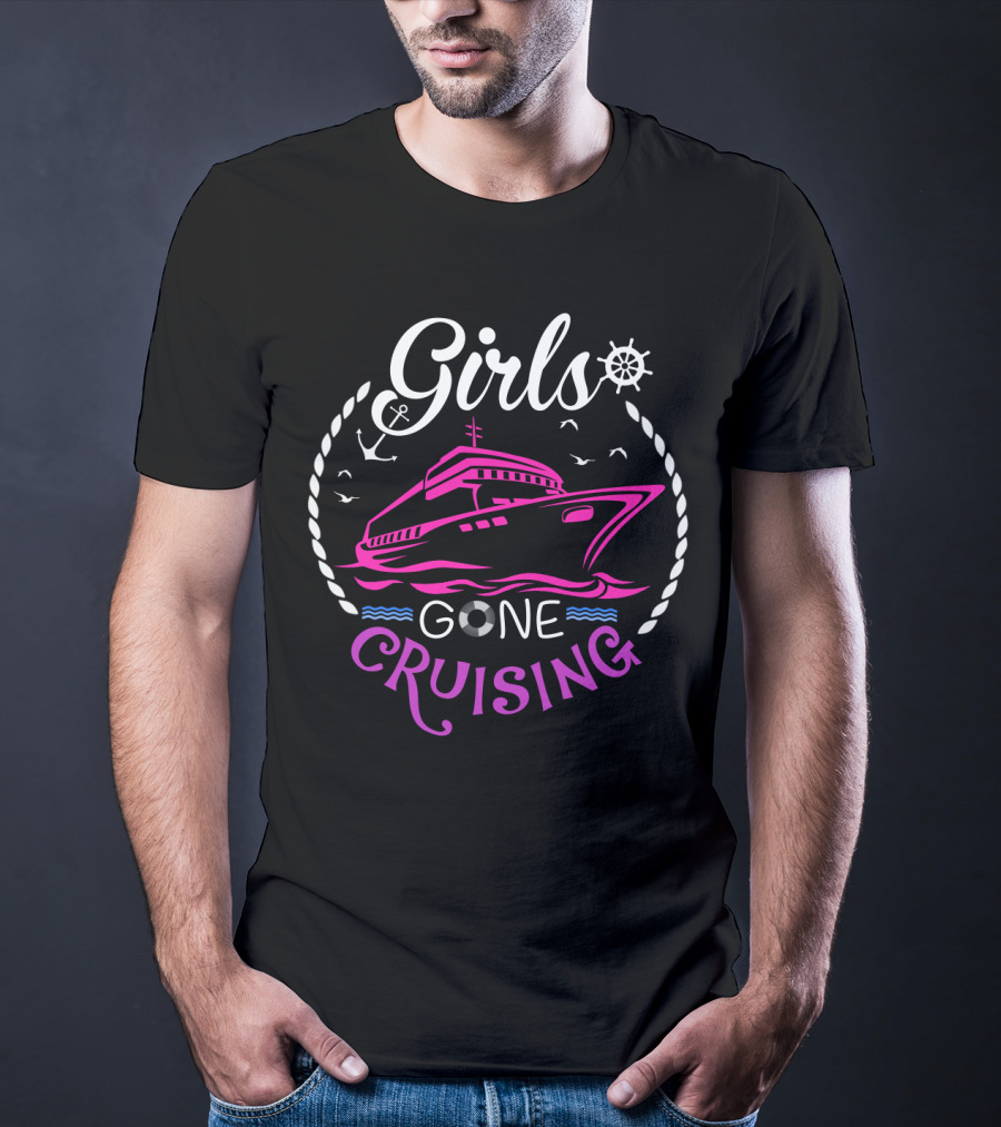 Girls Gone Cruising Ship Anchor Wheel Rope Seagulls Waves T-Shirt