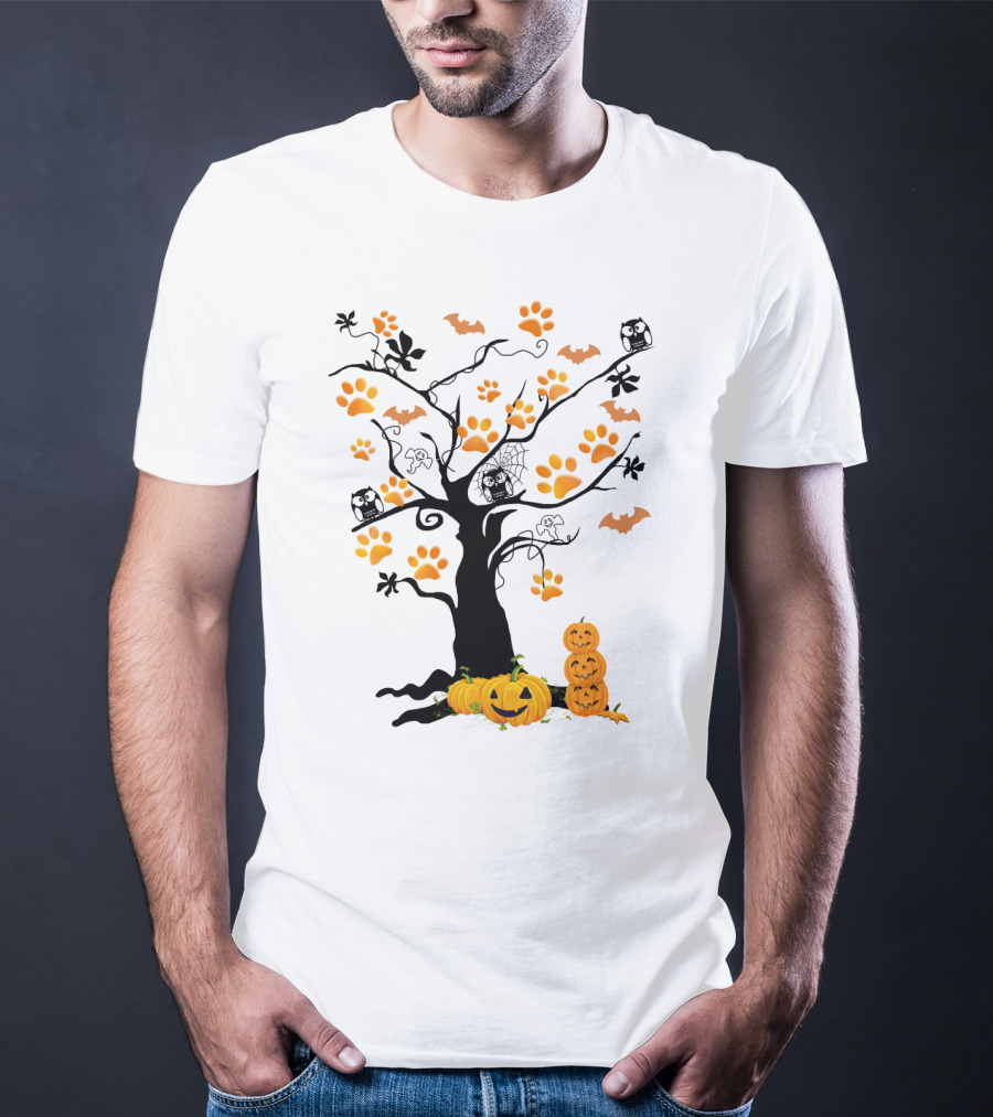 Dog Paw Tree Halloween Pumpkins Bats Owls Ghosts T-Shirt