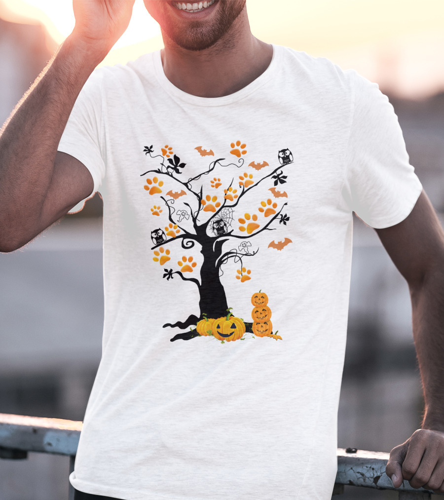Dog Paw Tree Halloween Pumpkins Bats Owls Ghosts T-Shirt
