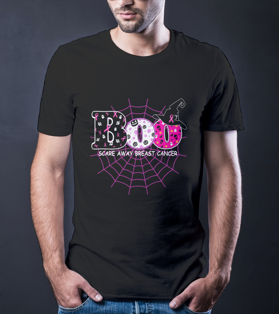 Boo Halloween Witch Hat Pink Ribbon Scare Away Breast Cancer Awareness T-Shirt