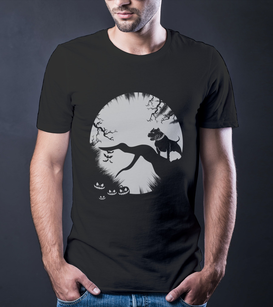 Pitbull Halloween Moon With Jack O'Lanterns And Bats T-Shirt