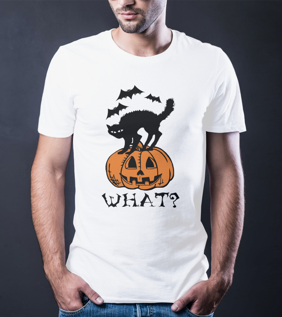 WHAT Black Cat Halloween Pumpkin Bats T-Shirt