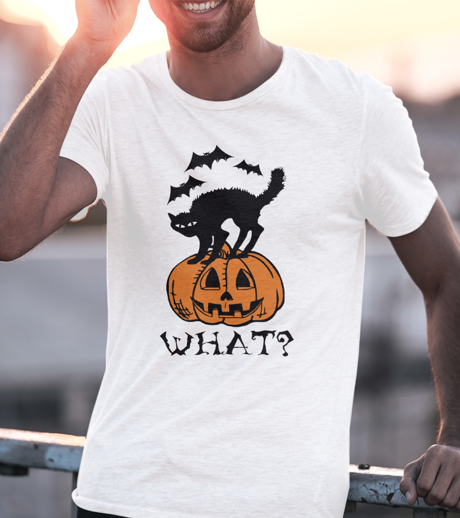 WHAT Black Cat Halloween Pumpkin Bats T-Shirt