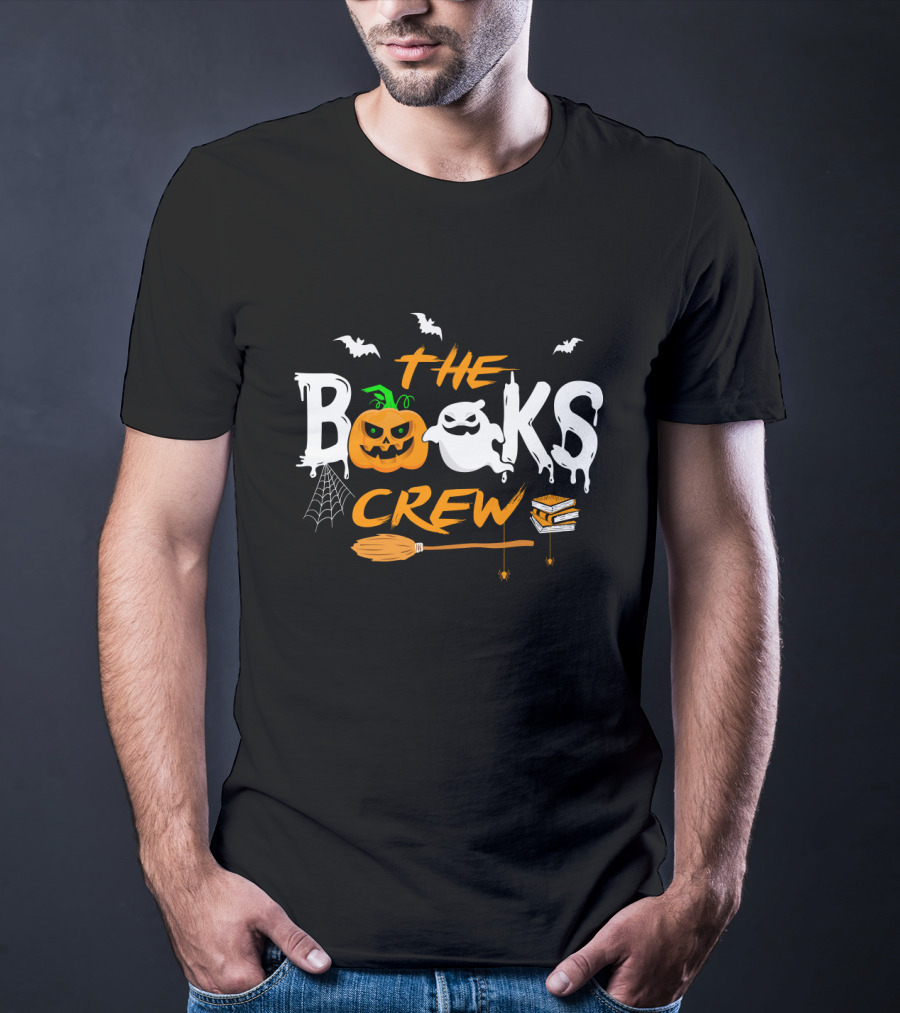 The Books Crew Halloween Ghost Pumpkin Bats Broom Books Spider Web T-Shirt