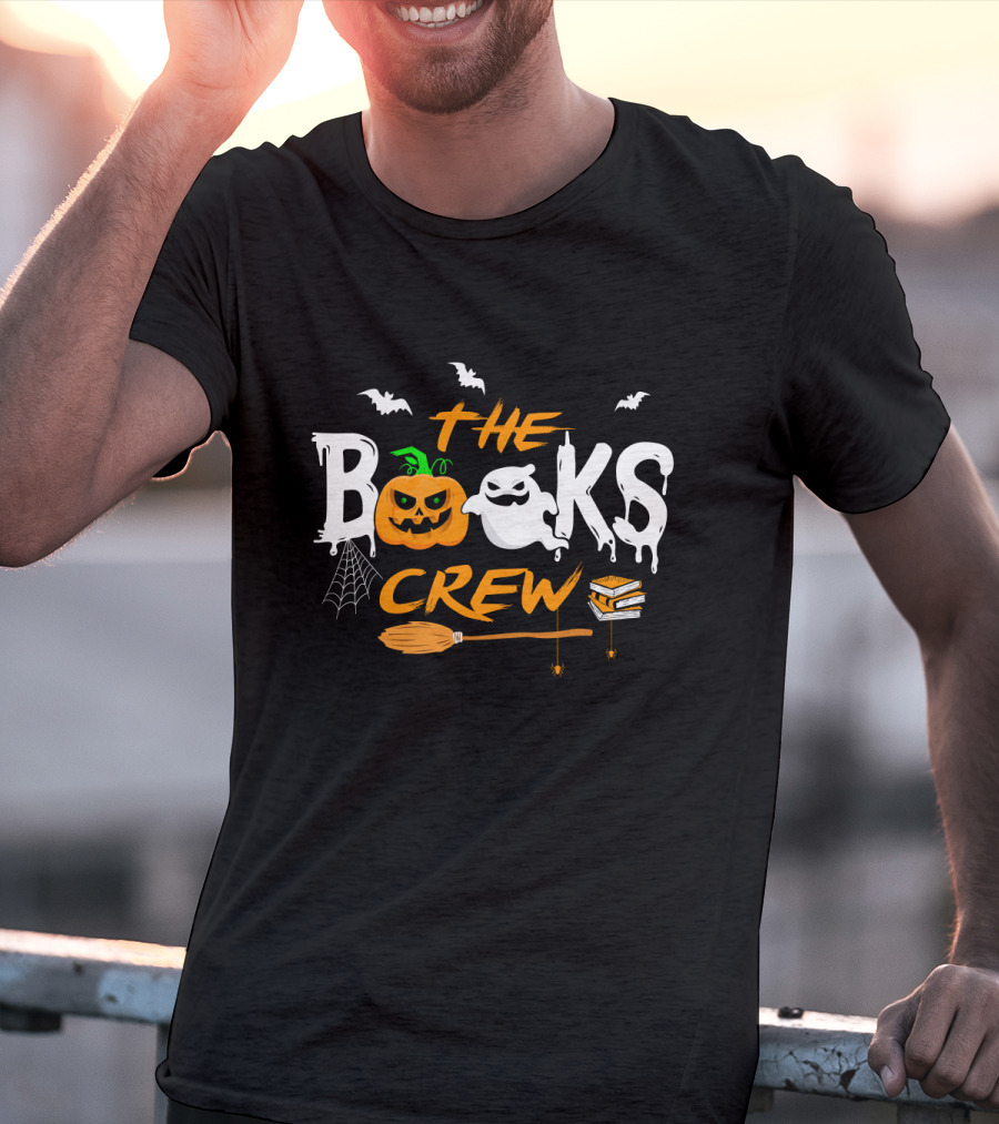 The Books Crew Halloween Ghost Pumpkin Bats Broom Books Spider Web T-Shirt