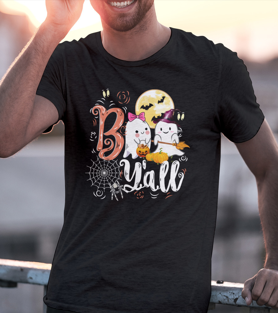 Bo Y'all Cute Ghosts With Pumpkins And Halloween Full Moon T-Shirt