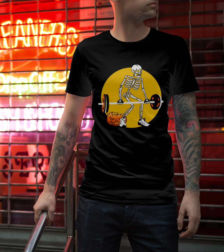 Skeleton Lifting Barbell With Pumpkin Halloween T-Shirt