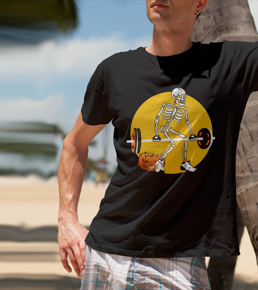 Skeleton Lifting Barbell With Pumpkin Halloween T-Shirt