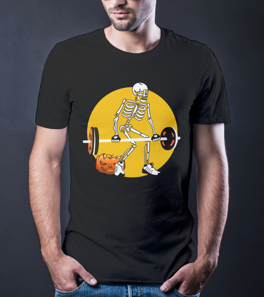 Skeleton Lifting Barbell With Pumpkin Halloween T-Shirt