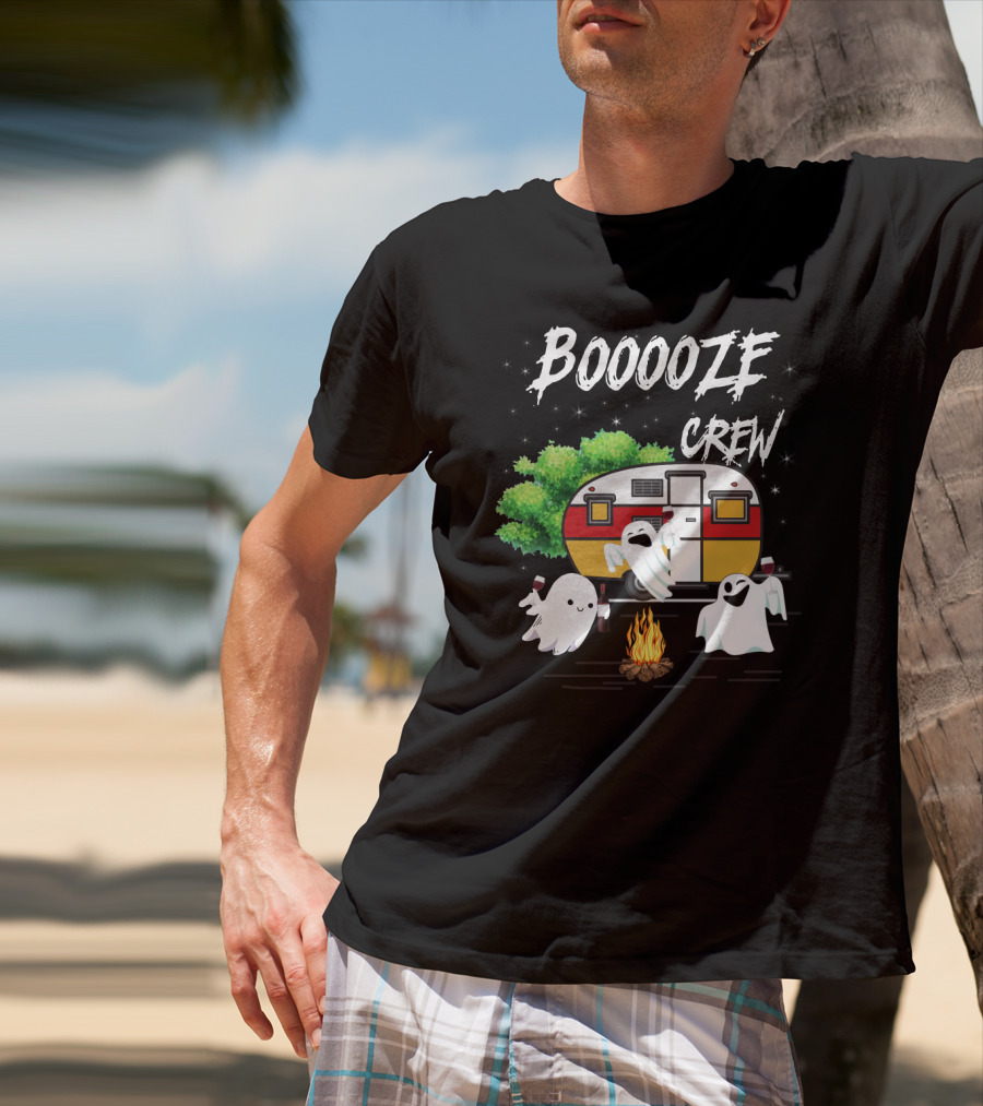 Booooze Crew Ghost Camping With Campfire Caravan And Wine Glasses T-Shirt