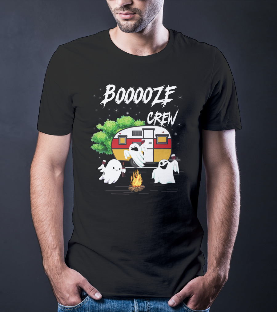 Booooze Crew Ghost Camping With Campfire Caravan And Wine Glasses T-Shirt
