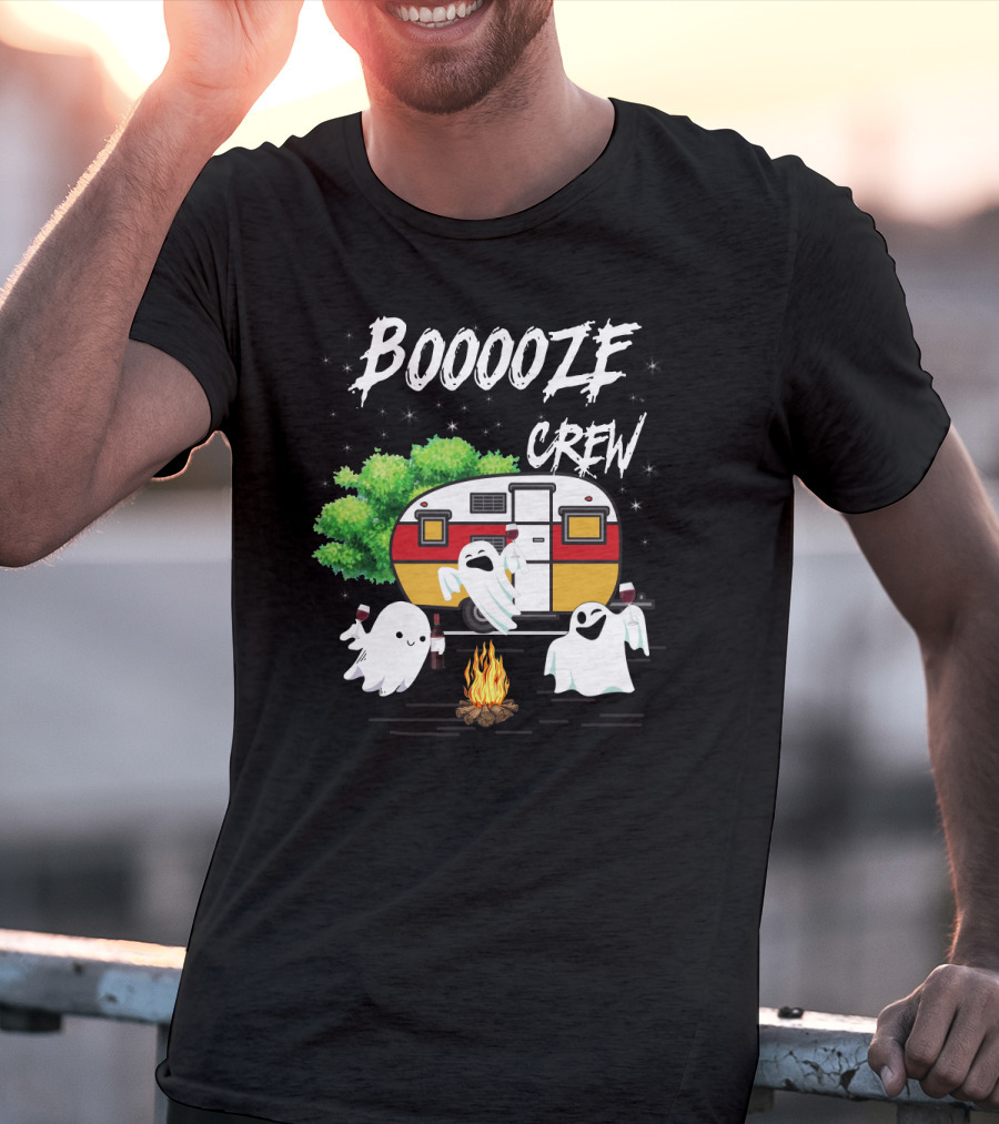 Booooze Crew Ghost Camping With Campfire Caravan And Wine Glasses T-Shirt