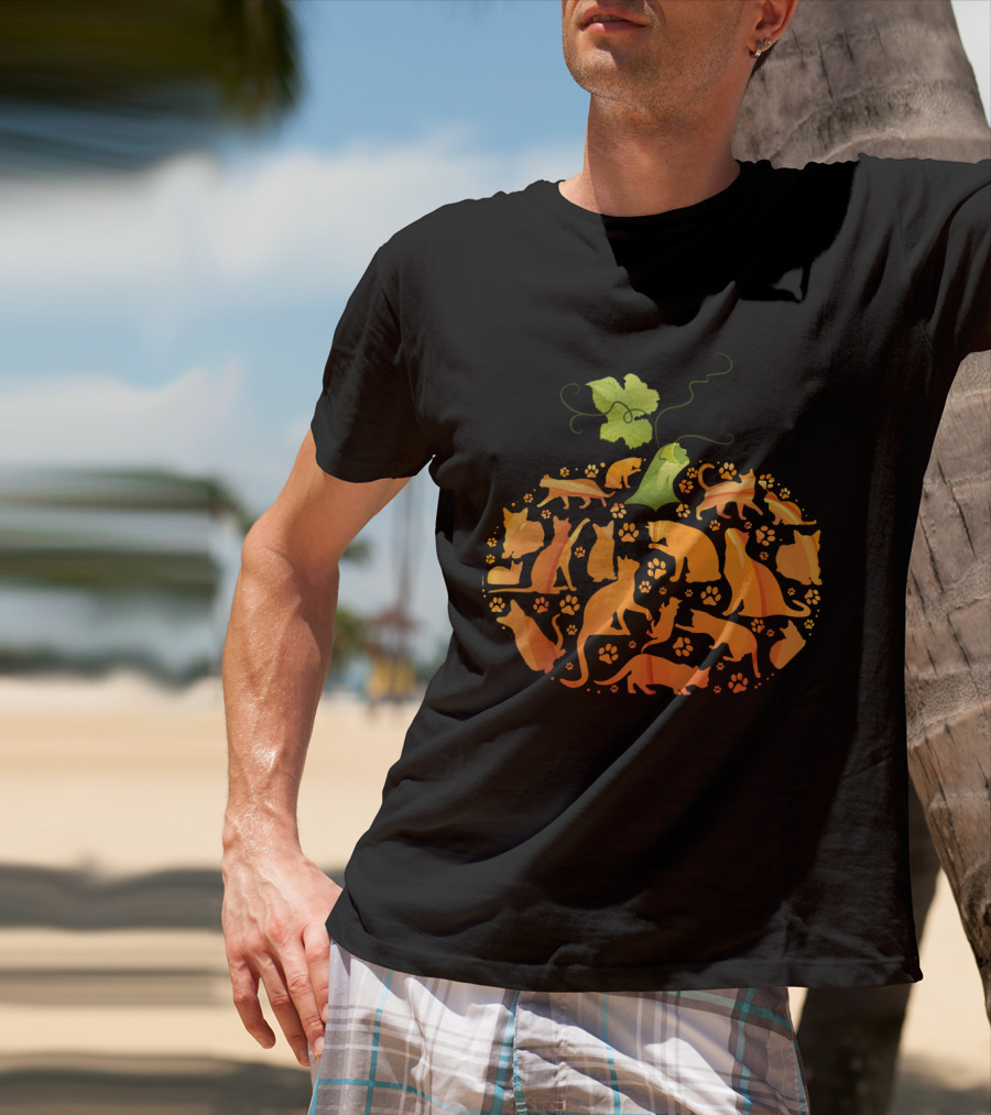 Cat Pumpkin Silhouette With Paws In Pumpkin Shape T-Shirt