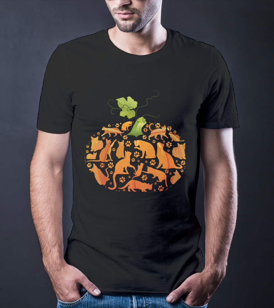 Cat Pumpkin Silhouette With Paws In Pumpkin Shape T-Shirt