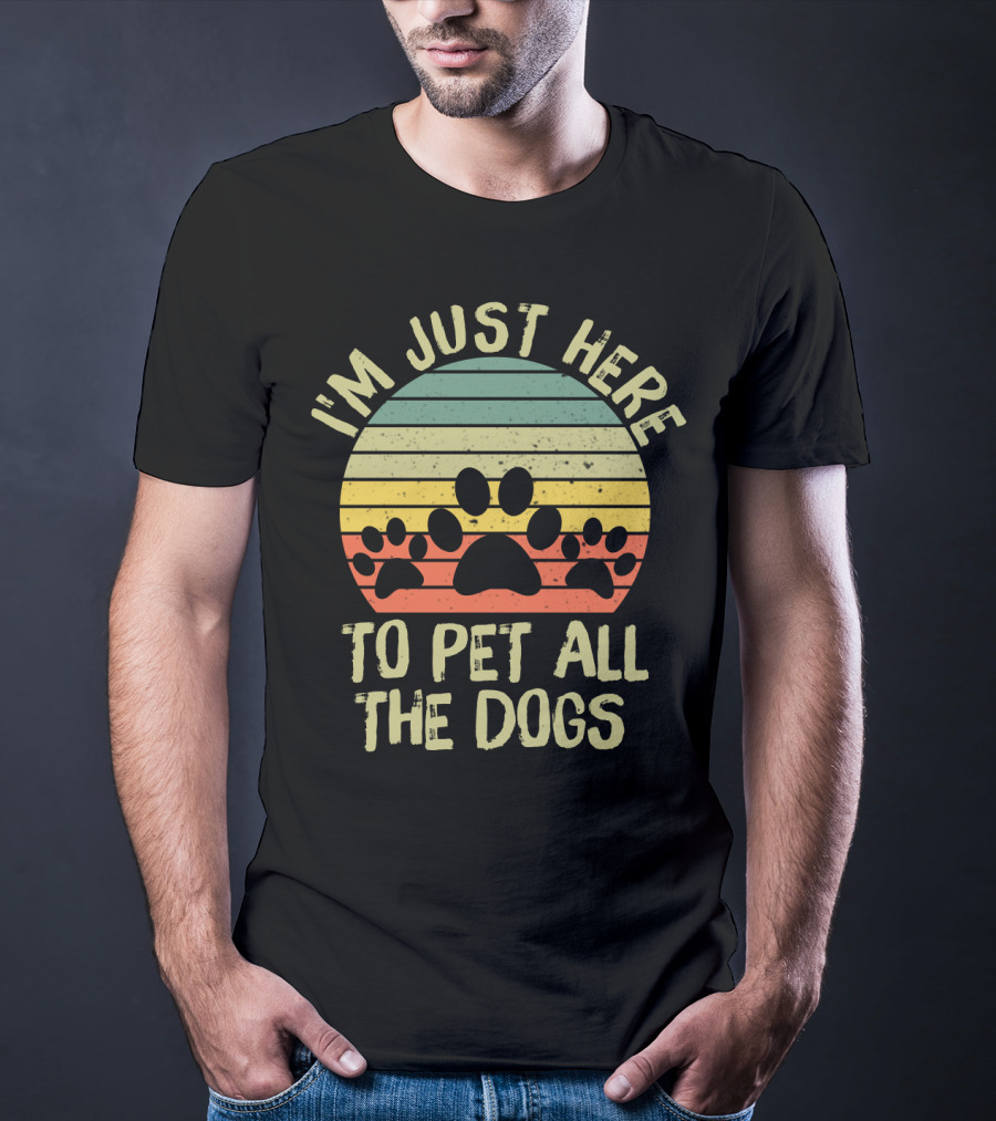 I'm Just Here To Pet All The Dogs Retro Paw Print Stripes T-Shirt