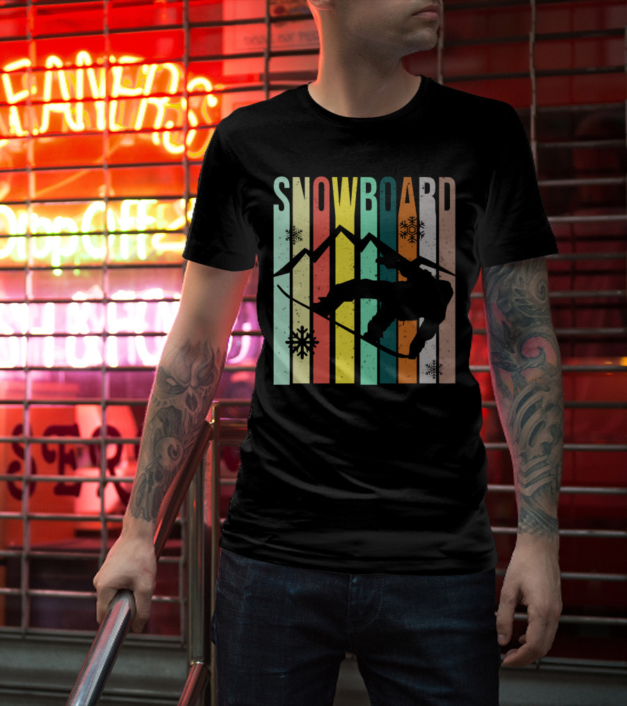 Snowboard Snowboarding Retro Mountain Silhouette Snowflakes T-Shirt