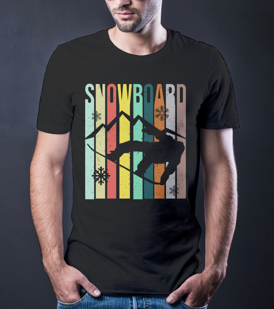 Snowboard Snowboarding Retro Mountain Silhouette Snowflakes T-Shirt