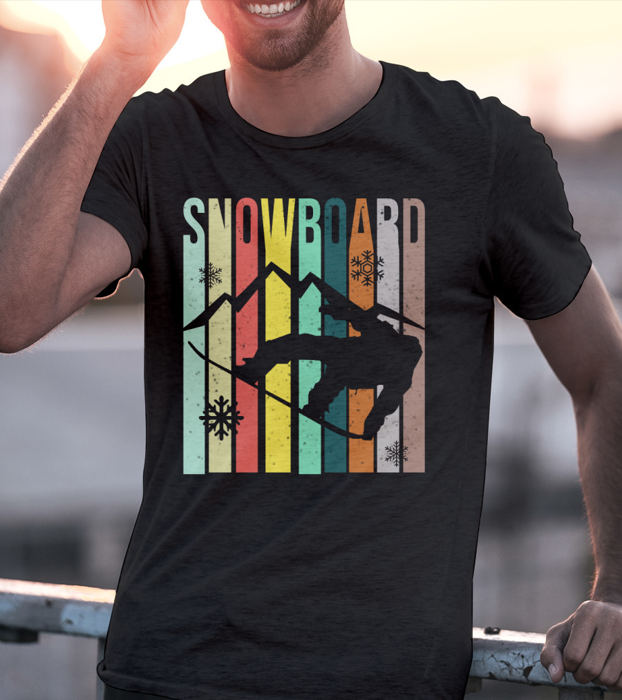 Snowboard Snowboarding Retro Mountain Silhouette Snowflakes T-Shirt