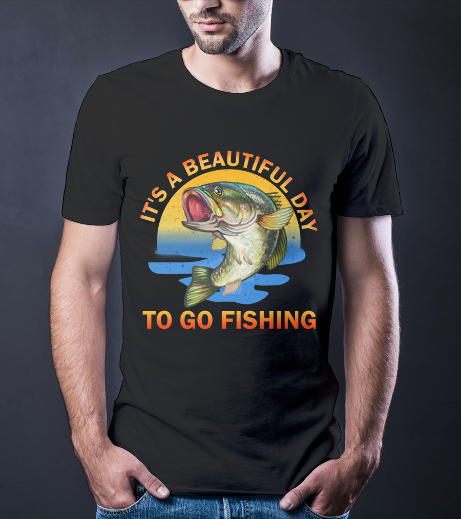 IT'S A BEAUTIFUL DAY TO GO FISHING Fish Jumping Sunset Scene T-Shirt
