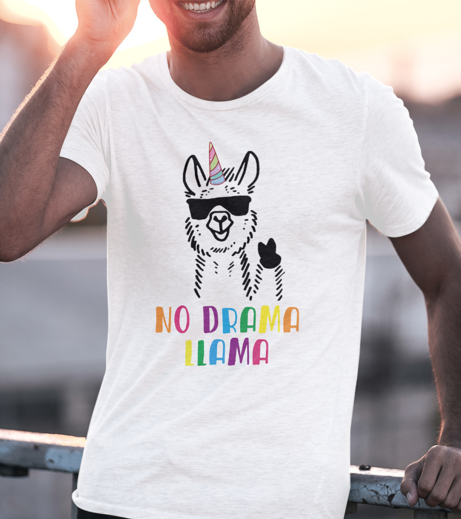 Llamacorn No Drama Llama Funny Unicorn Rainbow Text Sunglasses Peace Sign T-Shirt