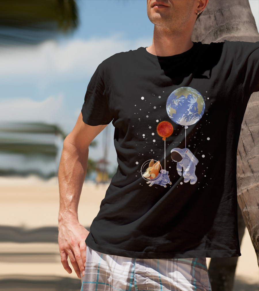 Corgi Astronaut And Human Floating With Earth And Mars Balloons In Space T-Shirt