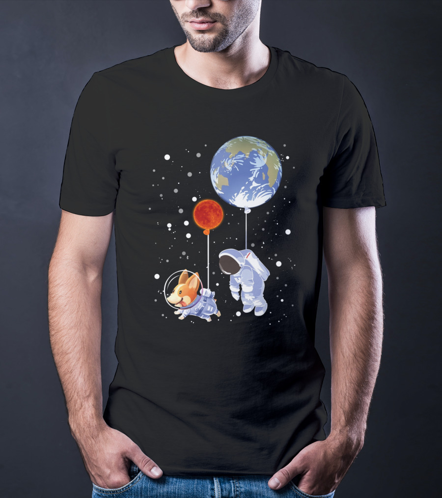 Corgi Astronaut And Human Floating With Earth And Mars Balloons In Space T-Shirt